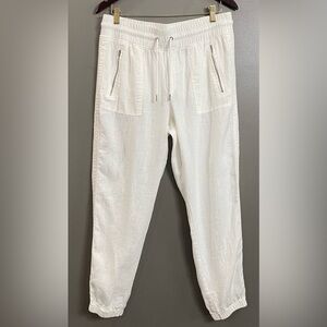 Athleta White Linen 100% Drawstring Cabo Joggers with Zip Pockets Size 10